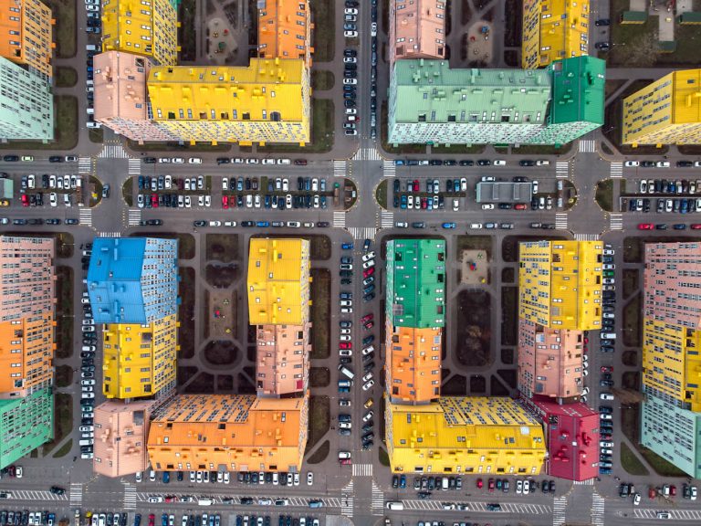 Aerial top view of a drone in the colorful modern city. Comfort town Kyiv Ukraine