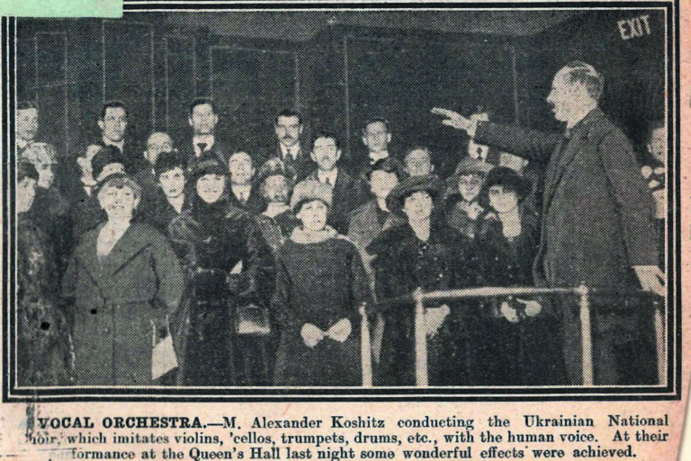 Fragment d'un article sur le chœur ukrainien dans la presse londonienne, février 1920. Source : Archives centrales de l'État d'Ukraine