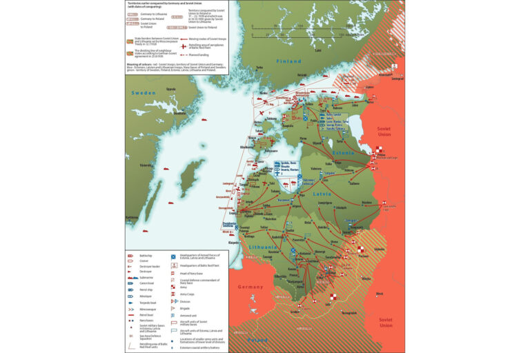 Besetzung Estlands, Lettlands und Litauens durch die Sowjetunion. Plan der Küstenblockade durch die Flotte und die Operation der Bodentruppen Mitte Juni 1940. Quelle: Estnisches Institut für Historisches Gedächtnis.